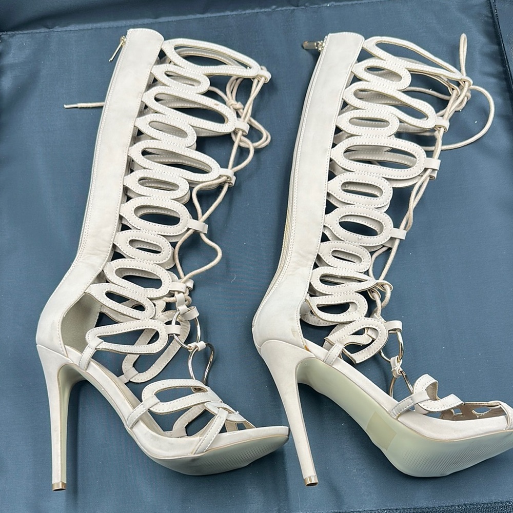 Elegant Cream Lace-Up Women's Heels